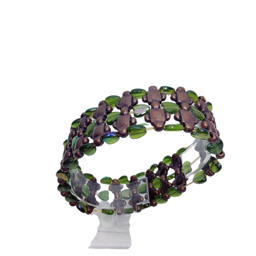 Green Purple &‎ Brown Iridescent Boho Stretchy Beaded Bracelet Womens Jewelry